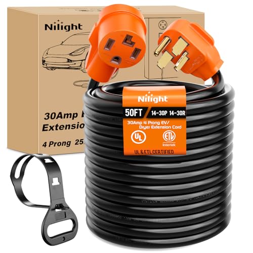 Image of Nilight 50FT EV Dryer Extension Cord 4 Prong 30 Amp NEMA 14-30P 14-30R Old Cable Heavy Duty 10 Gauge Pure Copper Wire UL Listed 125 /250V for Level 2 Using