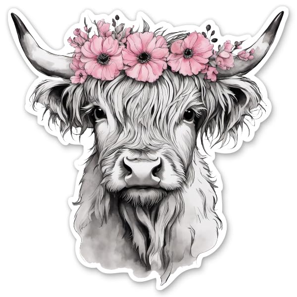 Pretty Highland Cow with Flowers Sticker - 3" Laptop Sticker - Waterproof Vinyl for Car, Phone, Water Bottle - Cow Decal