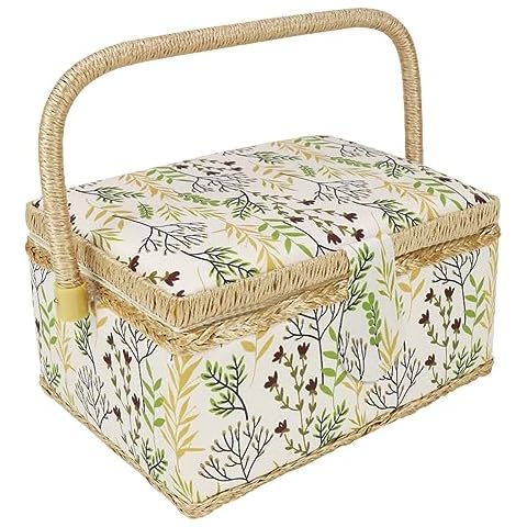 Basic Sewing Basket with Complete Sew Accessories Included Wooden Beginners Sewing Kit with Removable Tray Tomato Pincushion for Mending - Beige Leaf Cover