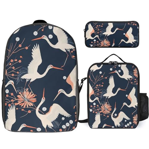 3 Piece Backpack for Women Men Lightweight Causal Daypack Shoulder Bag Set with Insulated Lunch Bag And Pencil Case Organizers Peach And White