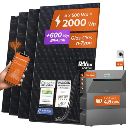 Solarway® All-In-One Balkonkraftwerk 2000W - 4,8 kWh Speicher & Steckdose - Komplettset Solix 2 PRO - 500W Solarmodule (
