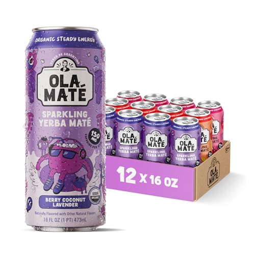 Yerba Mate Energy Drink - Low Sugar Sparkling Tea Cans Variety Pack with Ashwagandha, Lion’s Mane, USDA Organic Clean Energy Drink with 150mg Natural Caffeine, Ola Maté
