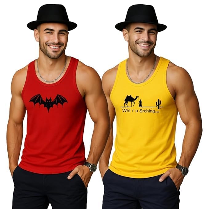 earth star Men's Cotton Tank Top Collection, Sleeveless Gym Vest | Vest for Men | Graphic Print | Casual Wear Vests for Workout (in, Alpha, XL, Regular, Red & Yellow (Pack of 2))-picture-35