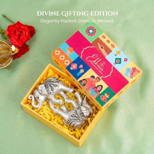 Image of Ekhasa 999 Pure Silver Plated Elephant Pair Showpiece with Gift Box | Silver Idol Set Home Decor Office Desk | Good Luck Feng Shui Vastu Animal Pair Religious Housewarming Griha Pravesh Gift