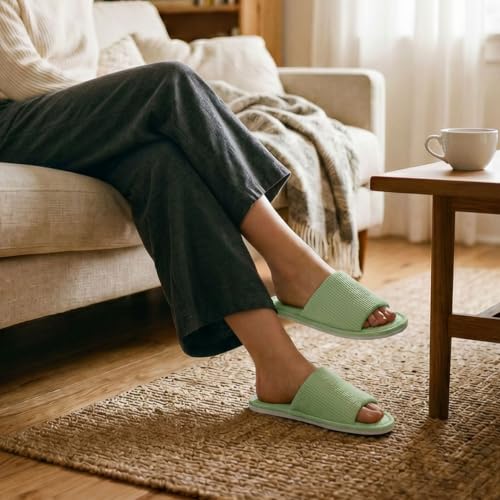 Image of Women's Open Toe House Slippers - Breathable Waffle Fabric, Memory Foam Cushioning, Slip-On Summer Indoor Slippers, Non-Slip TPR Sole, Easy Care