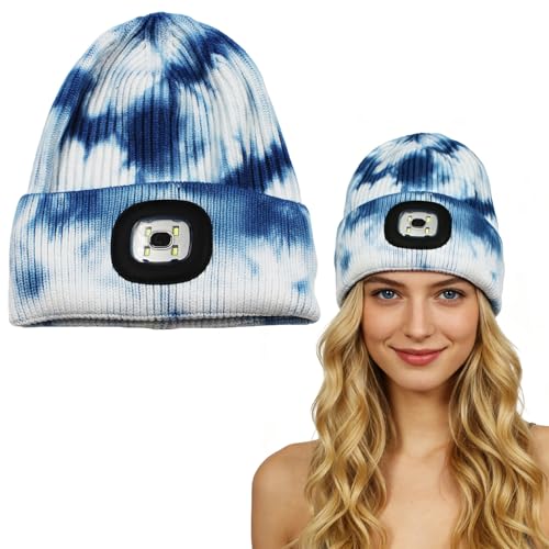 CHENBOOW Mütze mit LED Licht,LED Beanie Beleuchtete Mütze mit Licht,Wiederaufladbare Winter Warm LED Haube mit Lampe,Strickmütze mit Stirnlampen,Winter Warme Stirnlampe,für Outdoor,Camping,Nachtläufe