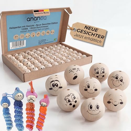Ananda Goods 120 Holzperlen mit Gesicht 20mm Holzkugeln mit 8 süßen Gesichtern perfekt für Sorgenwürmchen Glückswürmchen DIY Schlüsselanhänger Dekoration & kreative Geschenkideen