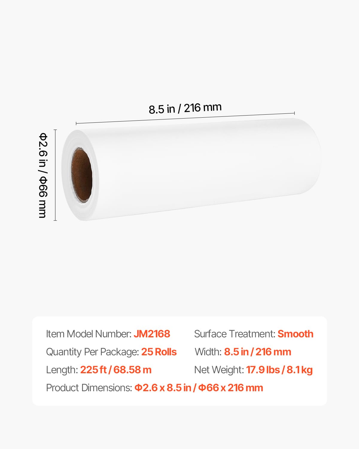 VEVOR Rotoli Carta Poggiatesta 25 Pezzi 21,6 cm x 68,9 m Monouso Visita Medica Superficie Liscia Bianco