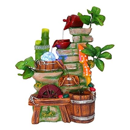 CHRONIKLE Polyresin Adorable Table Top Indoor Home Decor 4 Artistic Steps Waterfall Fountain with Multicolor LED Lights, Speed Controller Pump & Crystal Ball (Size: 35 x 23 x 18CM | Color: Multi)