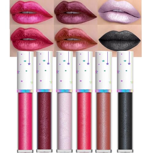 Image of evpct 1Pcs Black Metallic Shimmer Glitter Lip Gloss Liquid Lipstick Long Lasting Waterproof 24, Glitter Pearlescent Metallic Sparkly Glossy Liquid Lipsticks Lip Stain Makeup Set for Women 06#