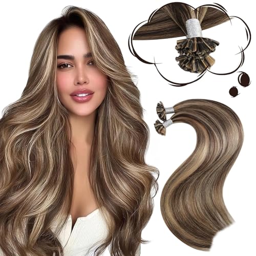 Image of Moresoo K Tip Hair Extensions Real Human Hair, Caramel Brown, 16 Inch | 50g 50 strands, hot fusion keratin tips, warm brunette blend, invisible bond look, party styling