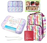 Bento Lunch Box with Bag and Ice Pack for Girls, Kids | Snack Containers with 4 Compartment Dividers, Boxes for Toddlers Pre-School Daycare Tween Leakproof Set BPA Free, Rainbow Unicorn
