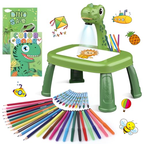 Proyector de Dibujo de Dinosaurios para Niños con 72 Patrones Proyector Infantil con Lápices,Crayones,Libro de Recortes,Libro de Pegatinas,Pegatinas de Dinosaurios,Sello Mesa de Pintura Infantil