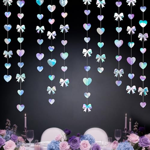 Image of Iridescent Bow Decorations Holographic Paper Heart Bow Hanging Garland Streamer for Coquette Bachelorette Birthday Valentines Wedding Bridal Shower Engagement Anniversary Party Decorations Supplies