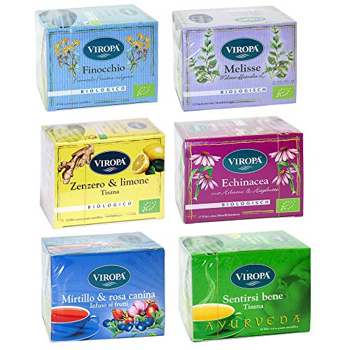 Viropa – Pack BIENESTAR – Surtido de 6 paquetes de infusiones y té de hierbas de 15 filtros cada uno: Ayurveda, hinojo, melisa, jengibre y limón, equinácea, arándano y rosa mosqueta