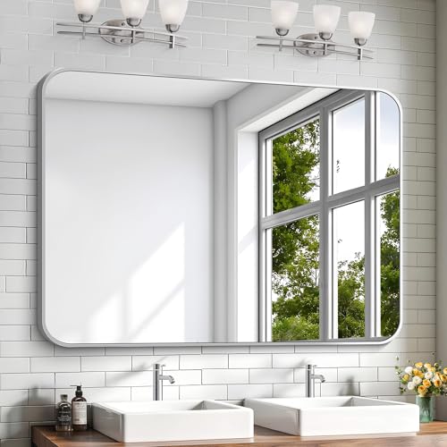 Image of KOCUUY Silver Bathroom Mirror, 48x36 Inch Large Bathroom Mirror for Over Sink, HD Tempered Glass, Anti-Rust Brushed Silver Frame, Rounded Corner Modern Design for Bathroom, Hang Horizontal /Vertical