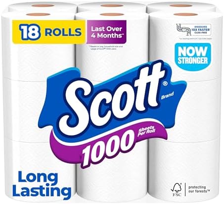 Scott 1000 Toilet Paper, 18 Rolls, Septic-Safe, 1-Ply Toilet Tiss...