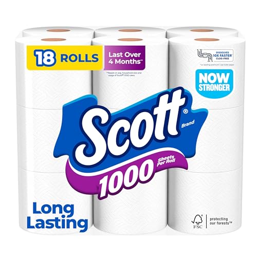Scott 1000 Toilet Paper, 18 Rolls, Septic-Safe, 1-Ply Toilet Tissue