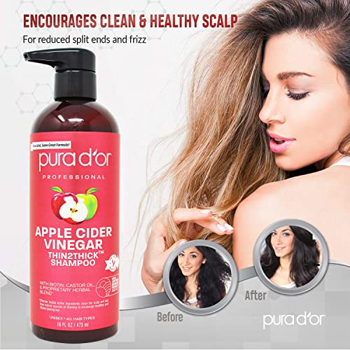 Pura D'or Apple Cider Vinegar Thin2Thick Shampoo (16Oz / 473Ml) Biotin, Castor Oil For Reduced Frizz, Split Ends, Clarifying & Detox, No Parabens, No Sulfates, All Hair Types, Men & Women #TOP3
