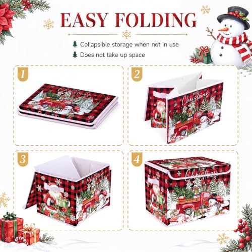 Image of Briwooody Red Plaid Christmas Storage Bin with Lid and Carrying Handle