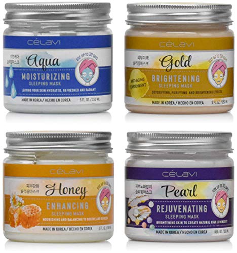 Celavi Korean Sleeping Face Mask Set (4 Pack) Leave On Moisturizing Facial Mask | Rejuvenates & Hydrates | For All Types of Skin | Light Formula | Easily Absorbed