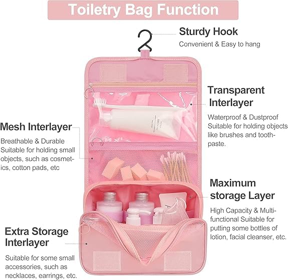 Image of CAVALO - Be Unique Nylon Polyester Large Capacity Portable Travel Toiletry Bag with Hanging Hook Waterproof Cosmetic Case Makeup Pouch Dopp Kit for Men Women with Carry Handle (Pink)