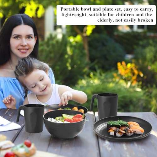 Berglander Plastikgeschirr aus schwarzem 24 teiliger für 6 Personen, wiederverwendbare Teller und Schüsseln mit Speisetellern, Desserttellern, Müslischalen, Tassen für Zuhause, Garten, Picknick