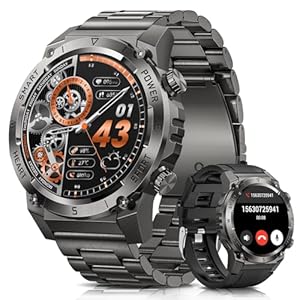 2025 Smartwatch Herren mit Telefonfunktion, 500mAh Akku 1.46″ HD Militär Smart Watch, 113 Sportmodi IP68 Wasserdicht Fitnessuhr, 24/7 Herzfrequenz/SpO2/Schlafmonitor, iOS Android 2 Armbänders Schwarz