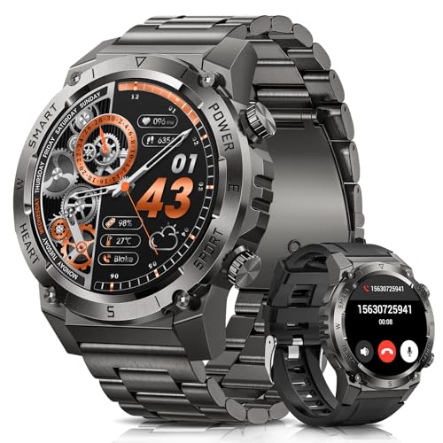 2025 Smartwatch Herren mit Telefonfunktion, 500mAh Akku 1.46" HD Militär Smart Watch, 113 Sportmodi IP68 Wasserdicht Fitnessuhr, 24/7 Herzfrequenz/SpO2/Schlafmonitor, iOS Android 2 Armbänders Schwarz