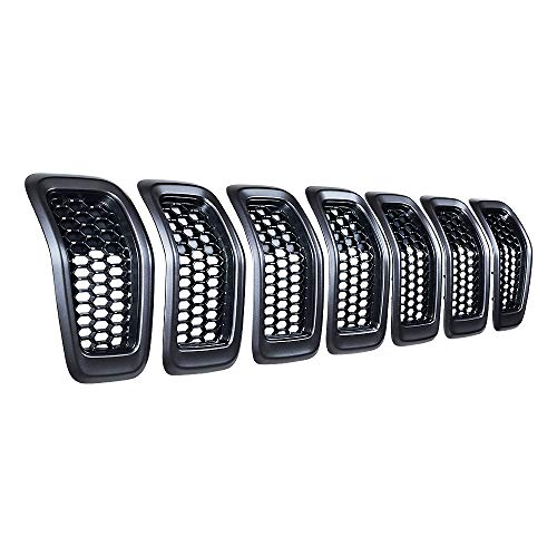 Image of Full Set Matte Black Honeycomb Mesh Grille Insert + Retro Gray Cover Trim Ring Compatible with 2014-2018 Jeep Cherokee