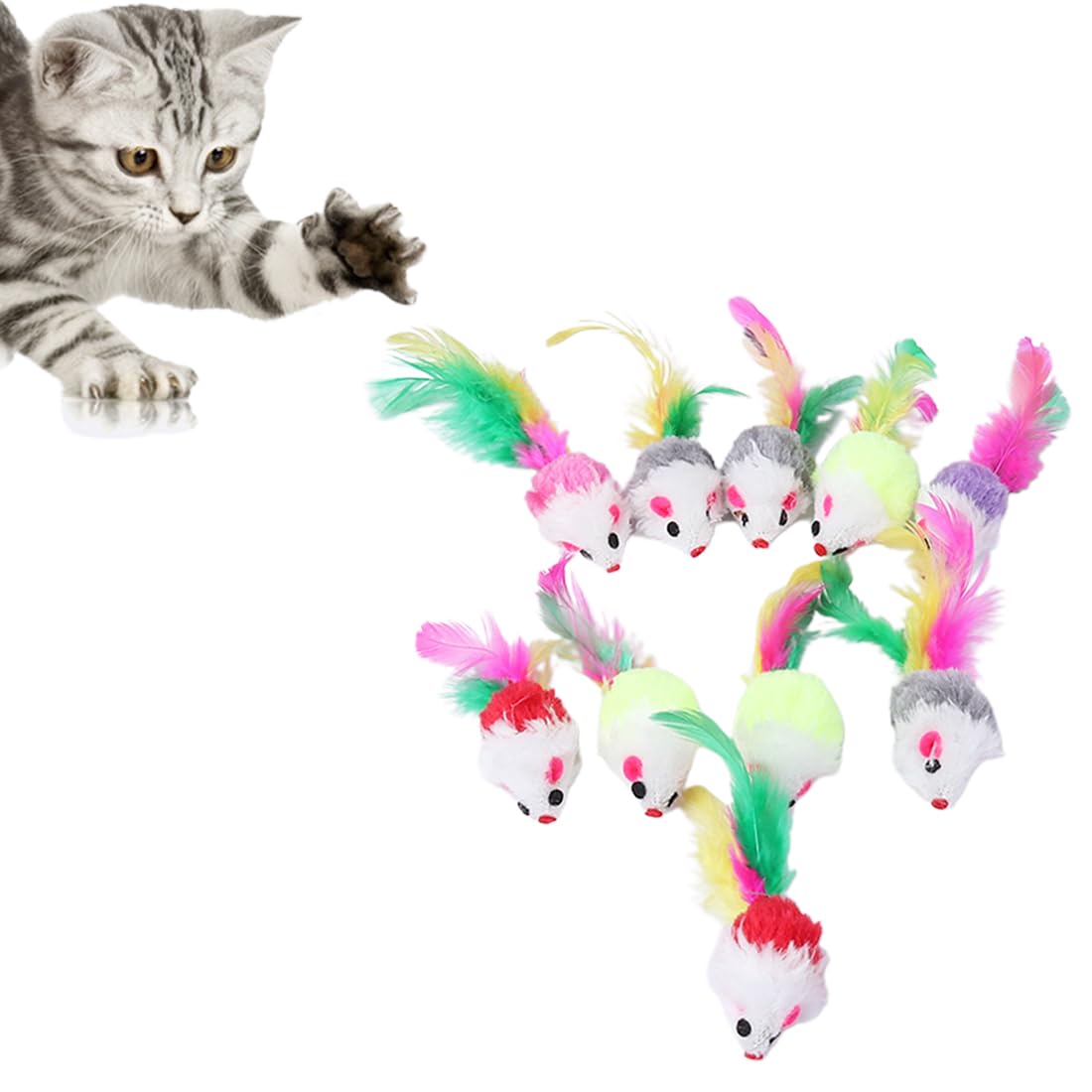 FDCGAS Juguetes para Gato - 10 Pcs Felpa Peludo Ratones Gato Juguete, Sonajero Pequeño Ratón Juguetes,Gato Juguete Interactivo,Simulación Juguete de Ratón con Plumas Colores Variados