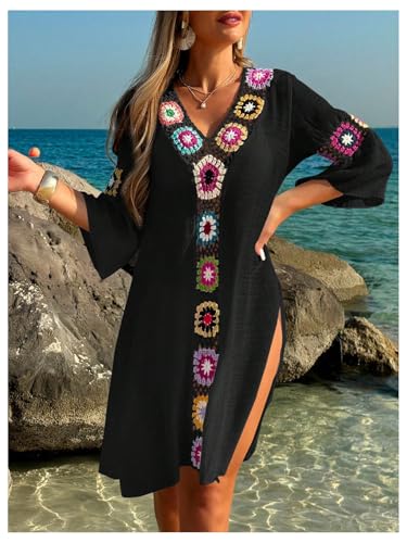 SweatyRocks Women's Floral Crochet Coverups Dress 3/4 Sleeve V Neck Sheer Beach Cover Up Dress4