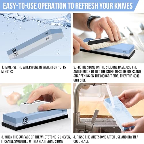 Knife Sharpening Stone Kit - Goodjob Premium Japanese Whetstone Knife Sharpener Stone Set - Dual Grit 1000/6000 Water Stone with Non-Slip Silicone Base, Angle Guide, Flattening Stone