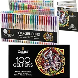 Castle Art Supplies 100 Gel Pens for Adult Coloring Set - Fine Tips | Swirl, glitter, neon, pastel, and metallic effects - smooth, precise tips - for drawing, scrapbooks, and journals