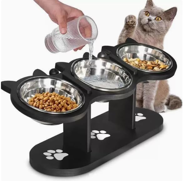 Gamelles pour chat surélevée BORDEAG contre les vomissements avec triple bol incliné noir