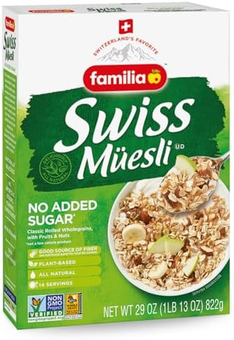 Familia Swiss Muesli Cereal, 0g Added Sugar, Energy-Packed Cereal with Raisins, Hazelnuts and Almonds, 29 Ounce Box (Pack of 1)