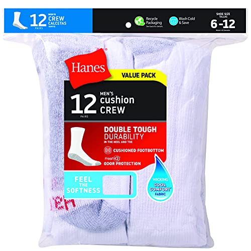 Hanes Mens Double Tough Socks, 12-Pair Pack Crew Socks, White/Grey Foot Bottom, 6-12 #TOP2