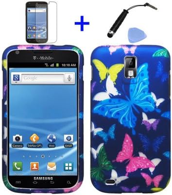 (4 items Combo: Stylus Pen, Screen Protector Film, Case Opener, Graphic Case) Purple Pink Green Yellow Blue Multi Color Butterfly Design Rubberized Snap on Hard Shell Cover Faceplate Skin Phone Case for (T-Mobile) Samsung Galaxy S2 / SII/ II/ 2 / T989