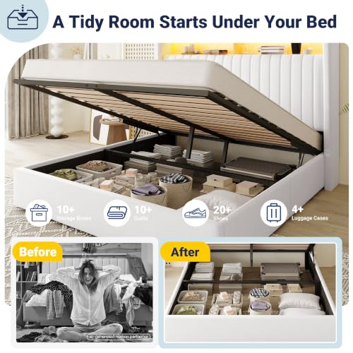 Image of Allewie Full Size Lift Up Storage LED Bed Frame, Charging Station, White