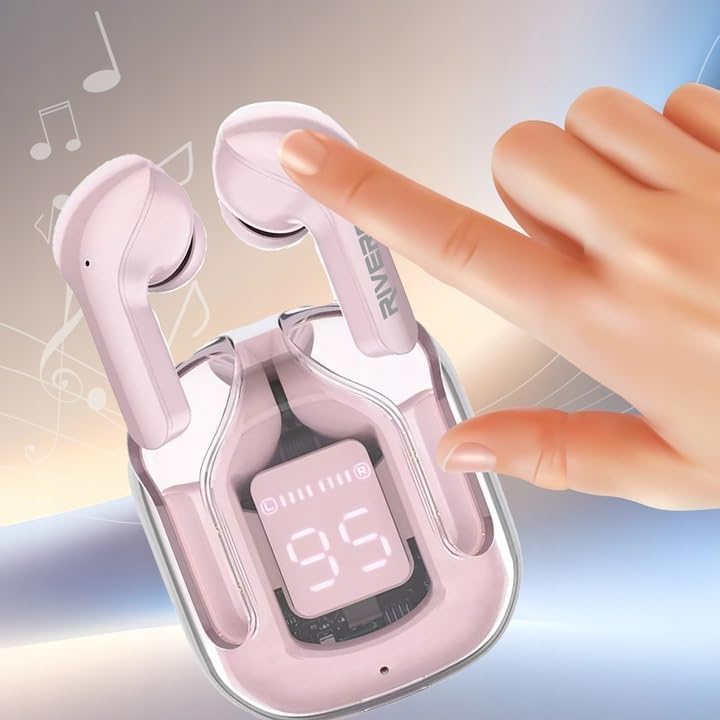 A finger touching the side of a RIVERSONG AirFly M2 earbud, demonstrating touch control functionality.