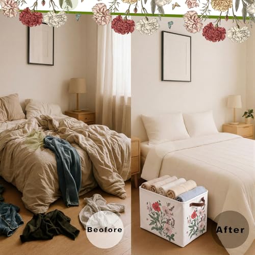 Image of Fourluoo 6 Pack Floral Storage Basket with Handles Clothes Storage Basket Bin Foldable Box Bins Organizer for Closet Shelf Nursery Kid Room Book Toy Chest(6,Wildflower)