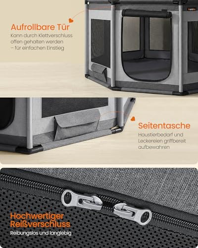 Feandrea Tierauslauf Oxford-Gewebe, Freilaufgehege achteckig, Tierkäfig L, 112 x 112 x 62 cm, Rahmen aus PVC-Rohren, atmungsaktives Netz, mit Seitentasche, Taubengrau-schiefergrau PDC003G01