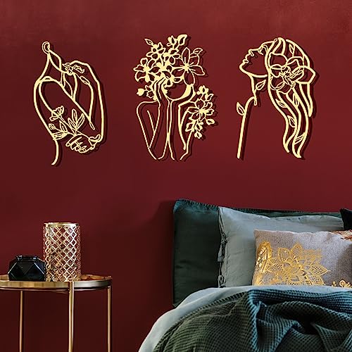 Photect 3 Pcs Metal Wall Art Decor Minimalist Abstract Woman Wall Art metal Modern Line Drawing Wall Art Decor Female Single Line Wall Home Hanging for Bedroom Bathroom Living Room, Gold(Romantic)