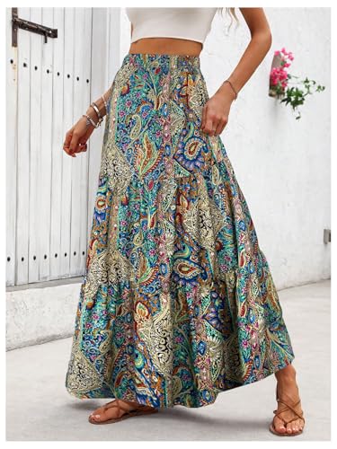 Verdusa Women's Tribal Print Ruffle Long Skirt Boho Flowy High Waisted Western Maxi Skirts3