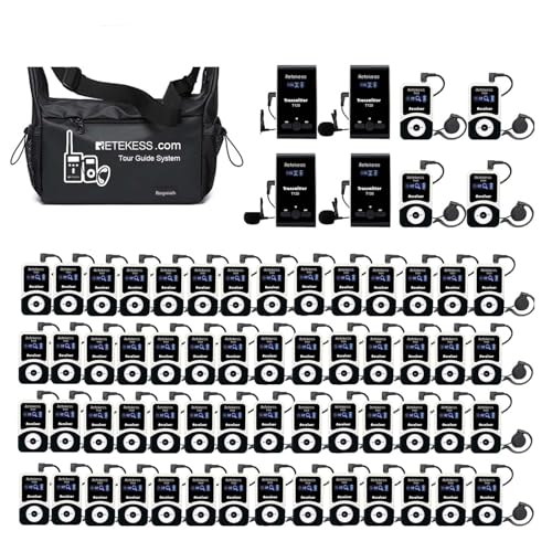 Retekess T130 Micrófono para Guía Turística, Dispositivo de Intérprete (4TX 60RX) | Para Iglesia, Escuela, Estilo Clásico, Fácil de Usar, Bolsa Portátil con 60 Ranuras