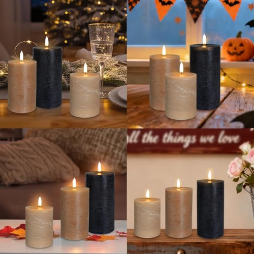 Image of LEDHOLYT Rechargeable Flameless LED Pillar Candles-Luminous Real Wax Indoor Home Decor-Set of 3, Realistic Flickering LED Flame,Remote & Timer, USB-Rechargeable(Caramel Beige)