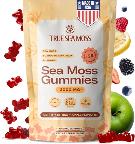 TrueSeaMoss Gummies 3000mg – Irish Sea Moss with Bladderwrack & Burdock Root – 3-in-1 Multi Mineral Vegan Supplement – Fruity Flavor Gummies for Immune & Gut Health – USA Made – 60 Count