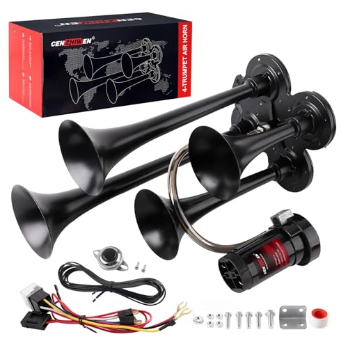 Cenzhiwen Train Horn for truck Kit-4 Trumpet Metal Air Horns replacement Drill horn 12V 150dB Ultra Loud with Compressor for pickup/motorhome/SUV/truck/train (black 4Trumpet with button)