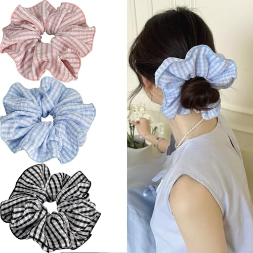 Jseng 3PCS Large Gingham Scrunchies for Hair, Sweet Hair Ties, Beige and Black
