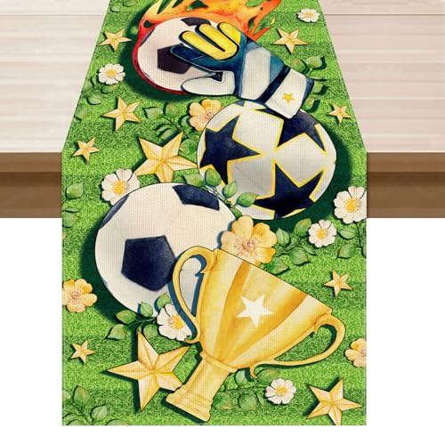 XCHI Championship Trophy Stars Grass Flowers Soccer World Cup Table Runner Game Day Table Decoration for Soccer Party Home Kitchen Decor 13x108 Inch